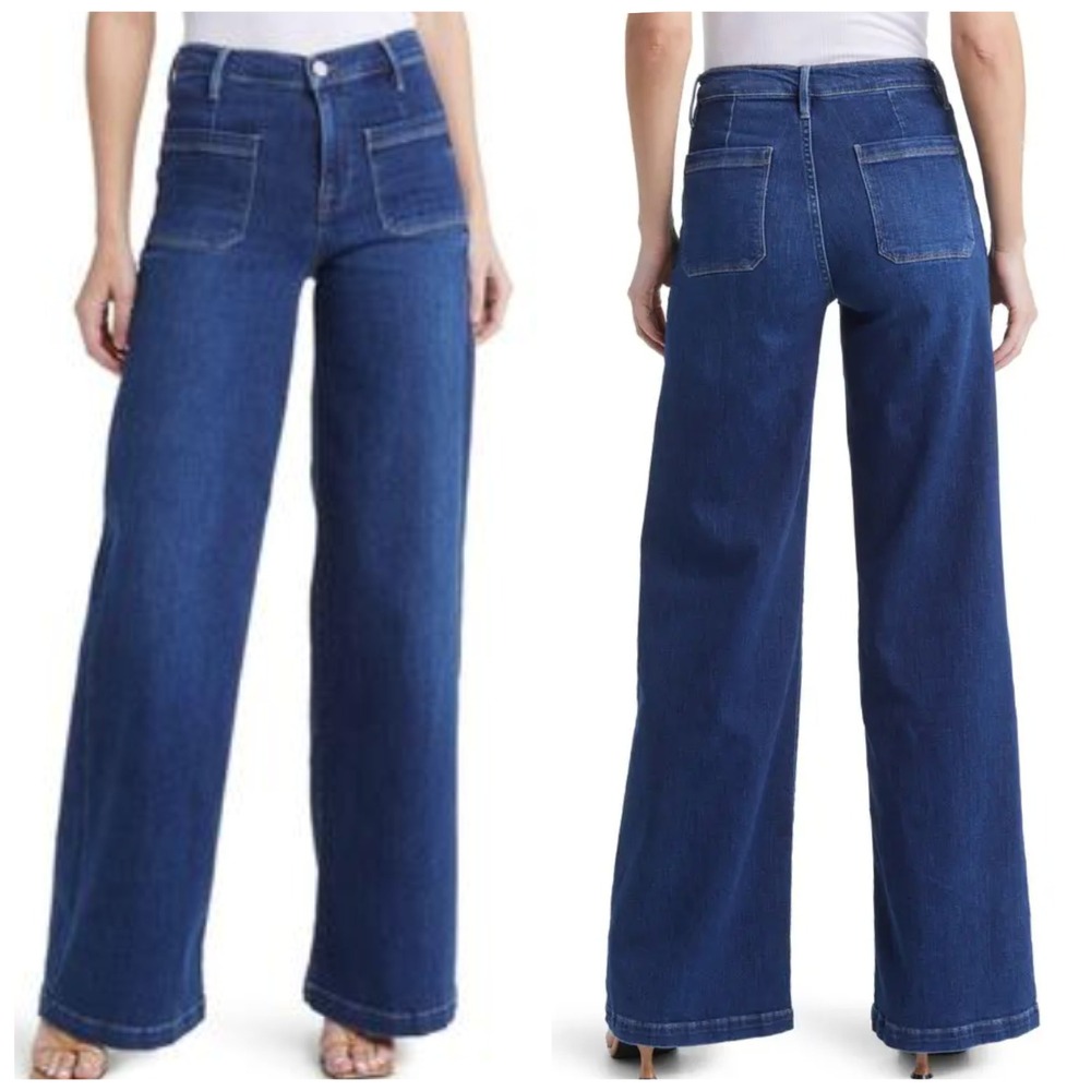 FRAME Wide Leg Stretch Denim Jeans 33" Lyon High Rise Patch Pocket Trouser Retro